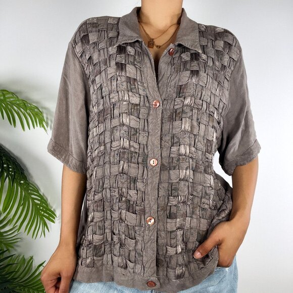 Vintage 90s Country Wear Casuals Cottagecore Fairy Taupe Floral Weave Shirt / XL - Picture 1 of 9